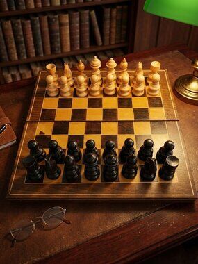 Vintage Wooden Chess Set including a Board That Doubles as a Storage Case